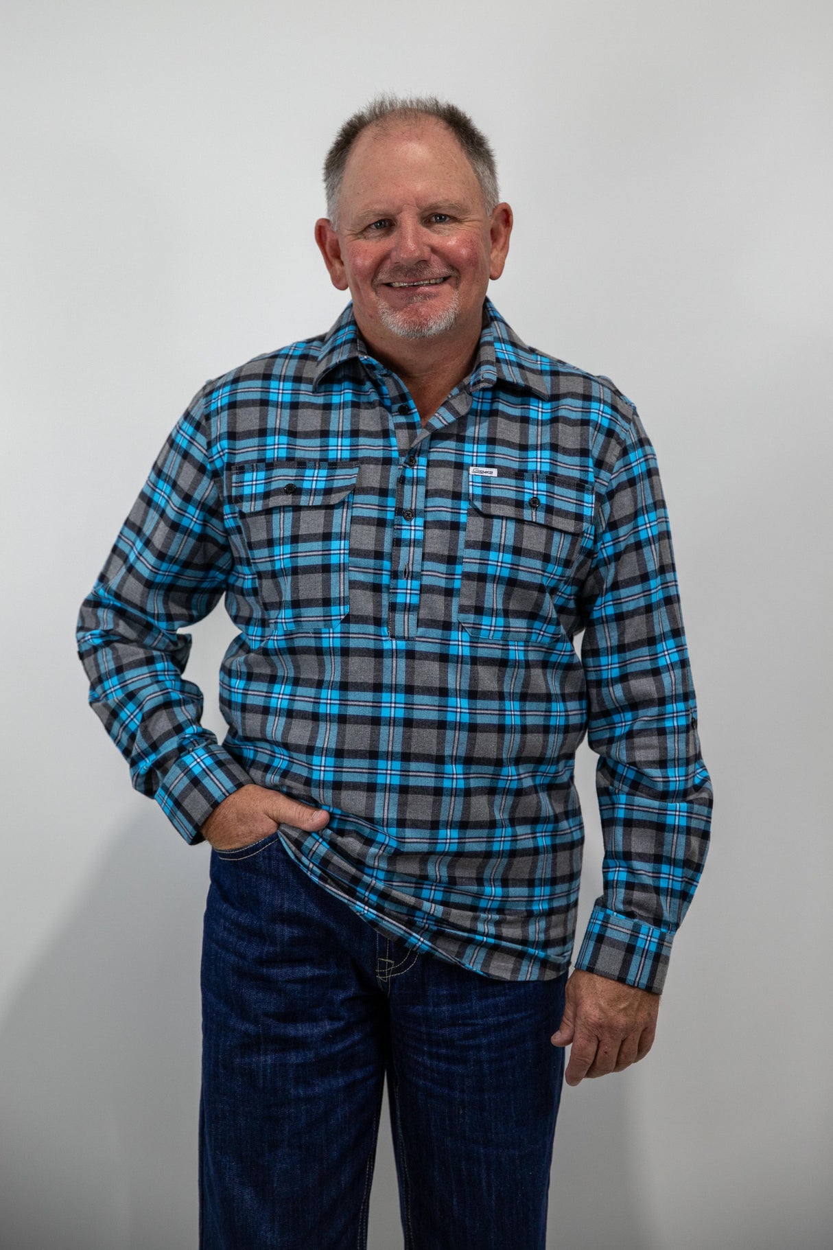 Blue Flannelette - 1/2 Button Front MENS Long Sleeve Shirt