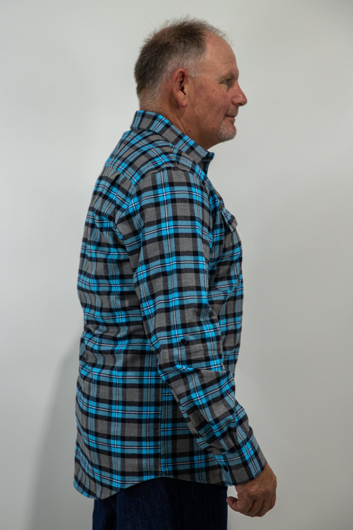 Blue Flannelette - 1/2 Button Front MENS Long Sleeve Shirt