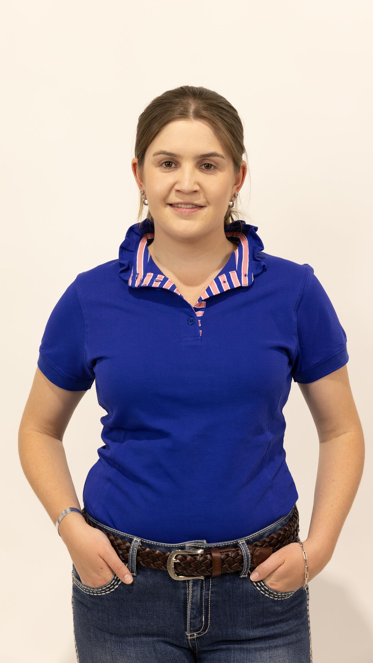 Naomi - Navy Ruffle Polo Shirt with striped trim