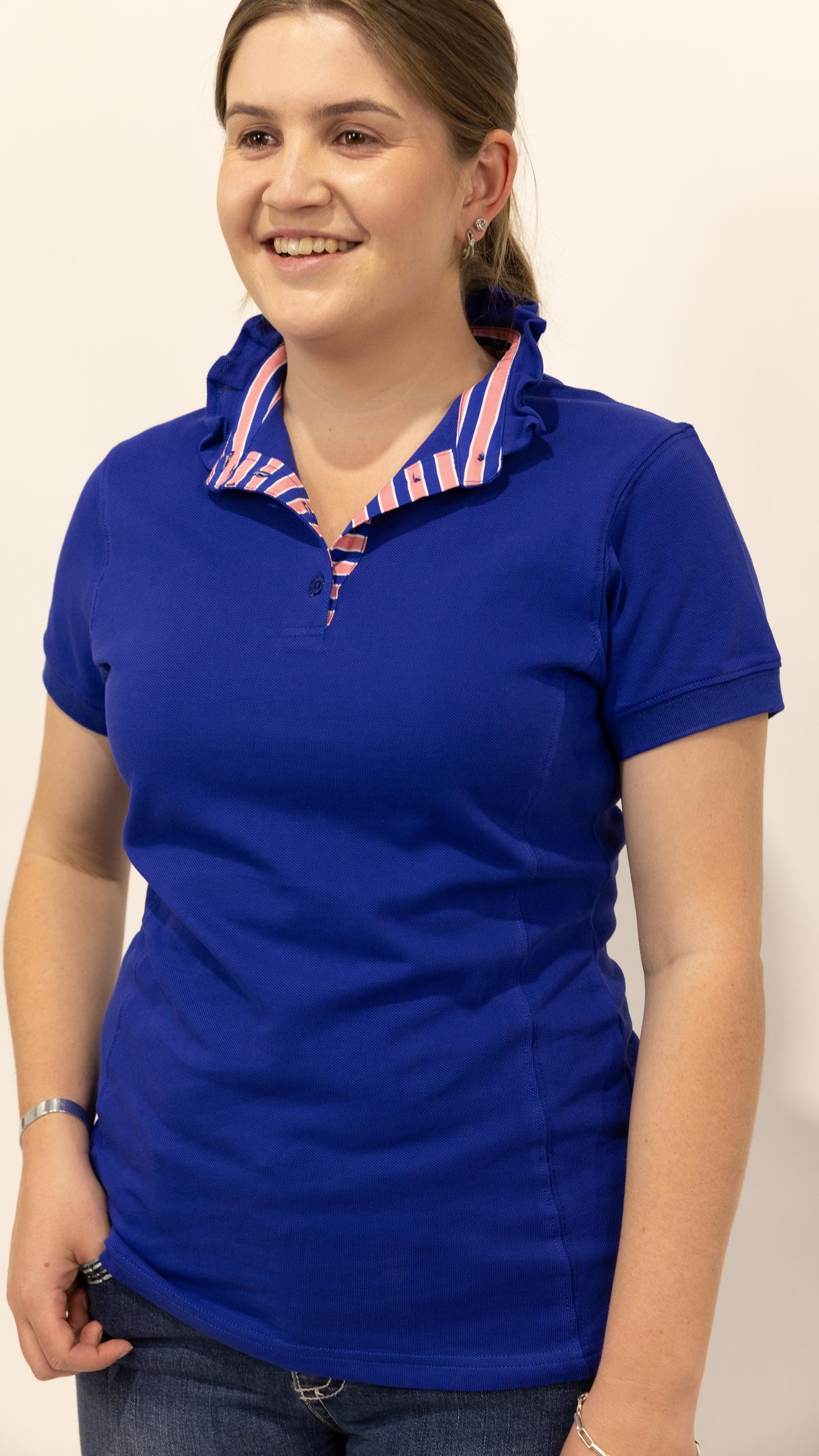 Naomi - Navy Ruffle Polo Shirt with striped trim