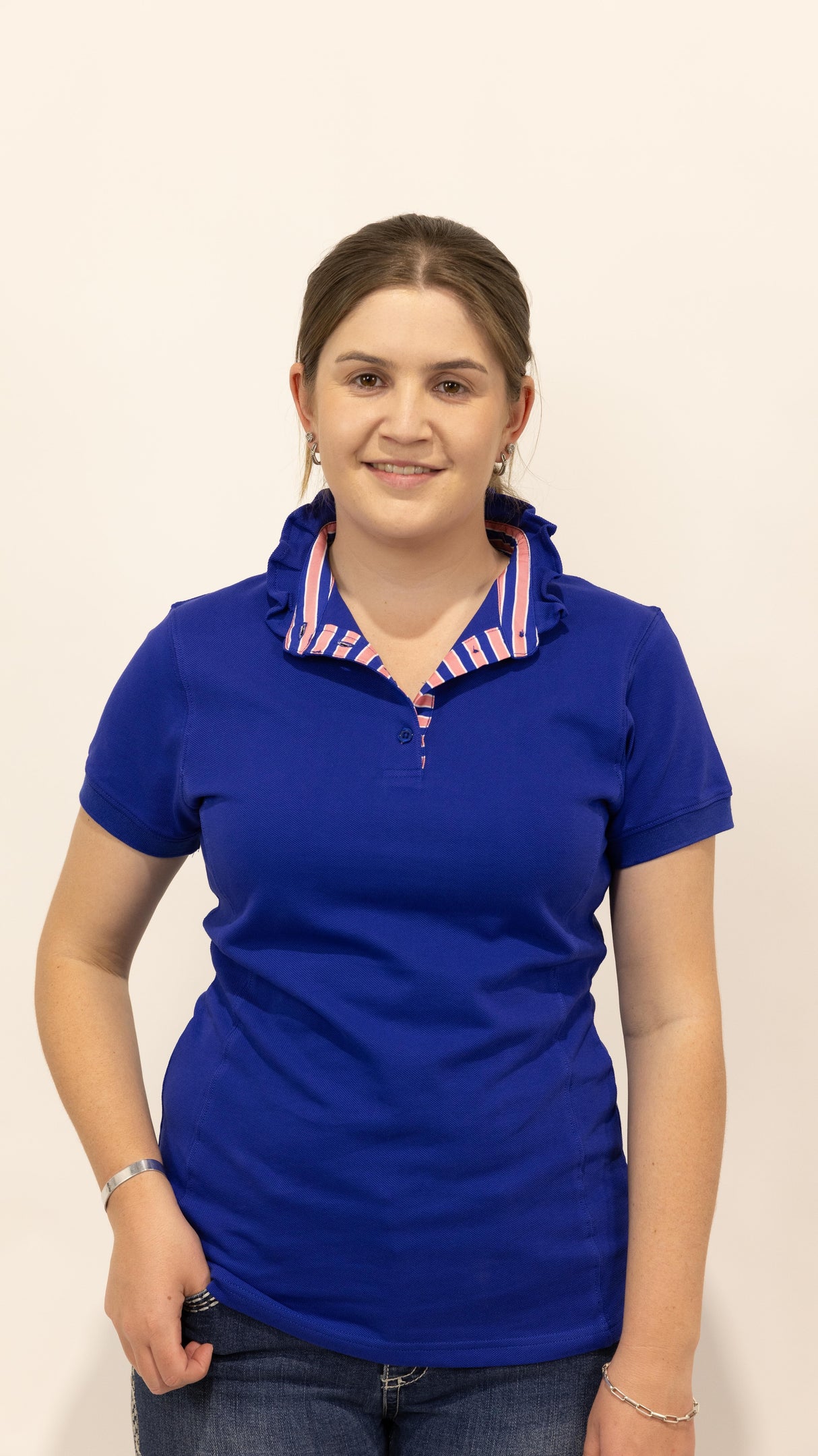 Naomi - Navy Ruffle Polo Shirt with striped trim