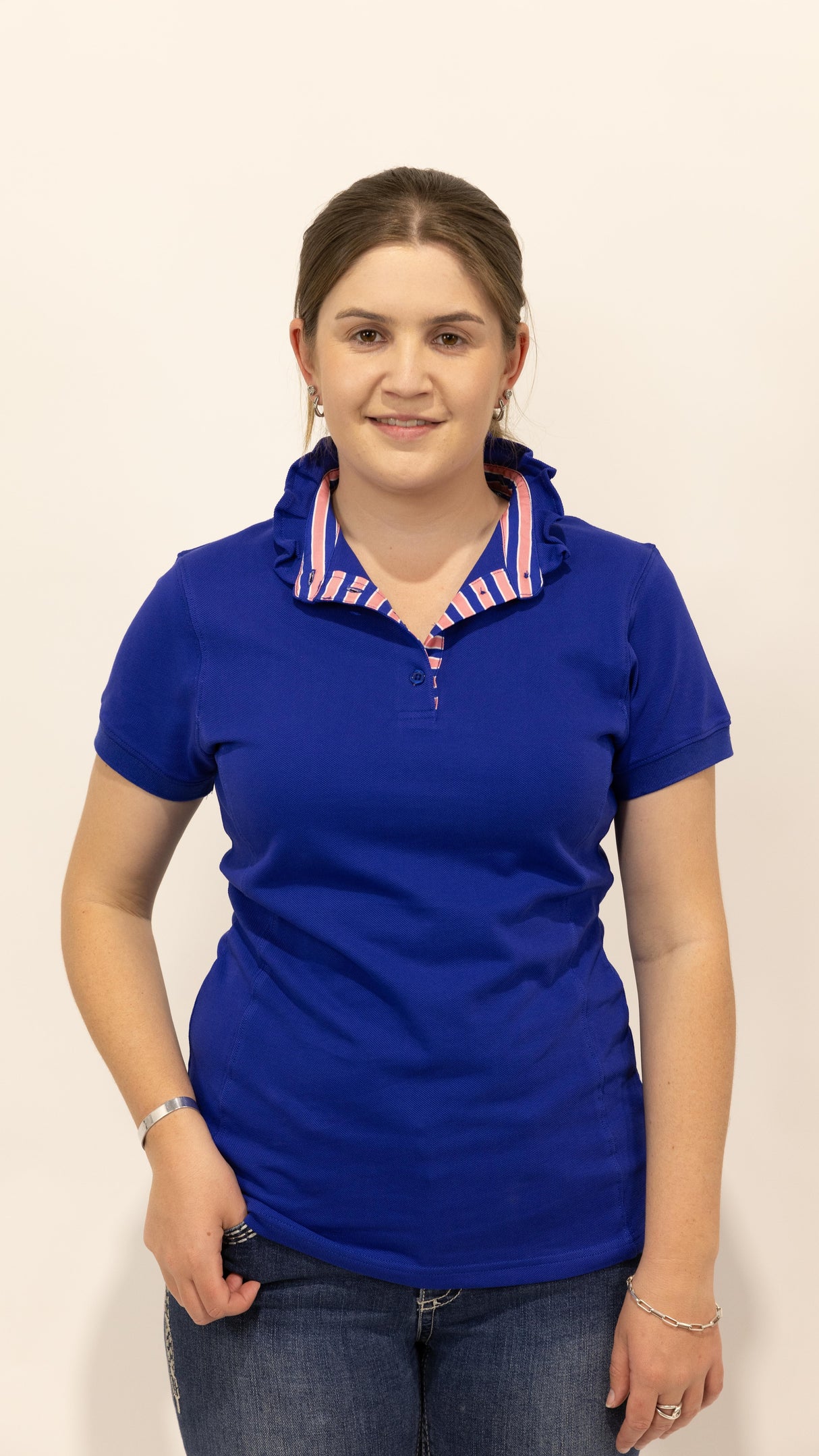 Naomi - Navy Ruffle Polo Shirt with striped trim