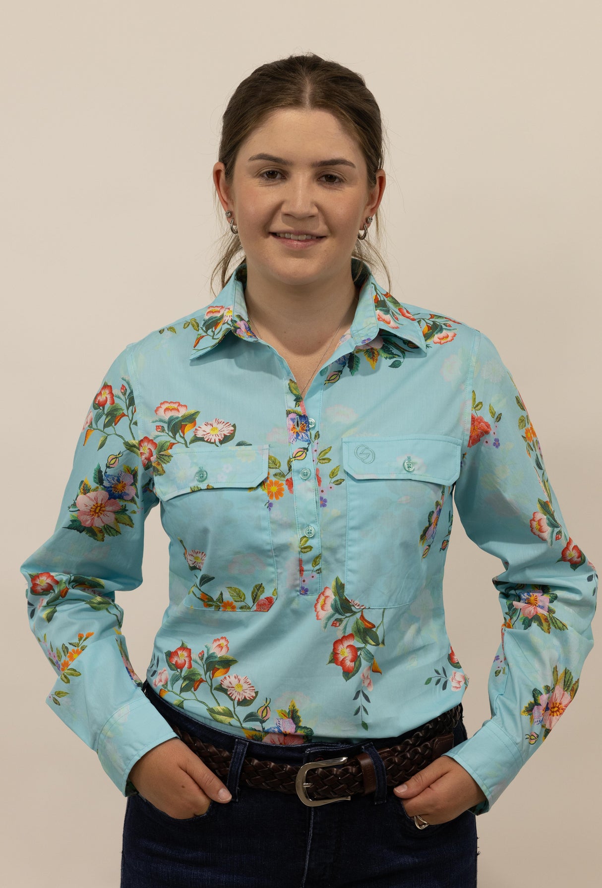 Nina - 1/2 Button Front Long Sleeve Cotton Collared Shirt