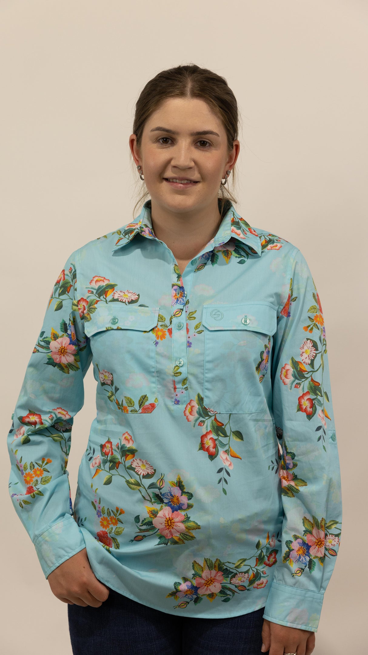 Nina - 1/2 Button Front Long Sleeve Cotton Collared Shirt