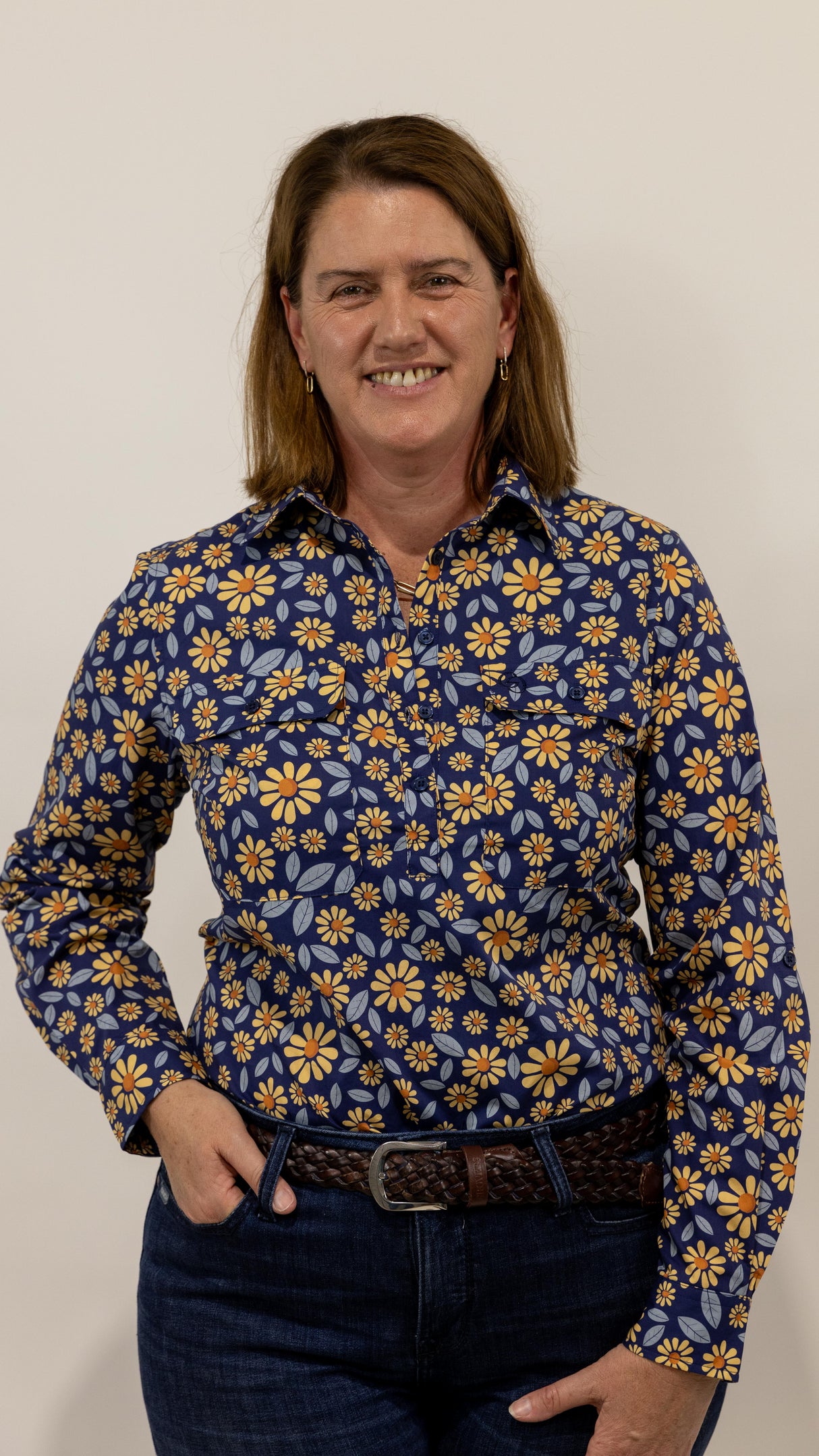 Jane - 1/2 Button Front Long Sleeve Cotton Collared Shirt