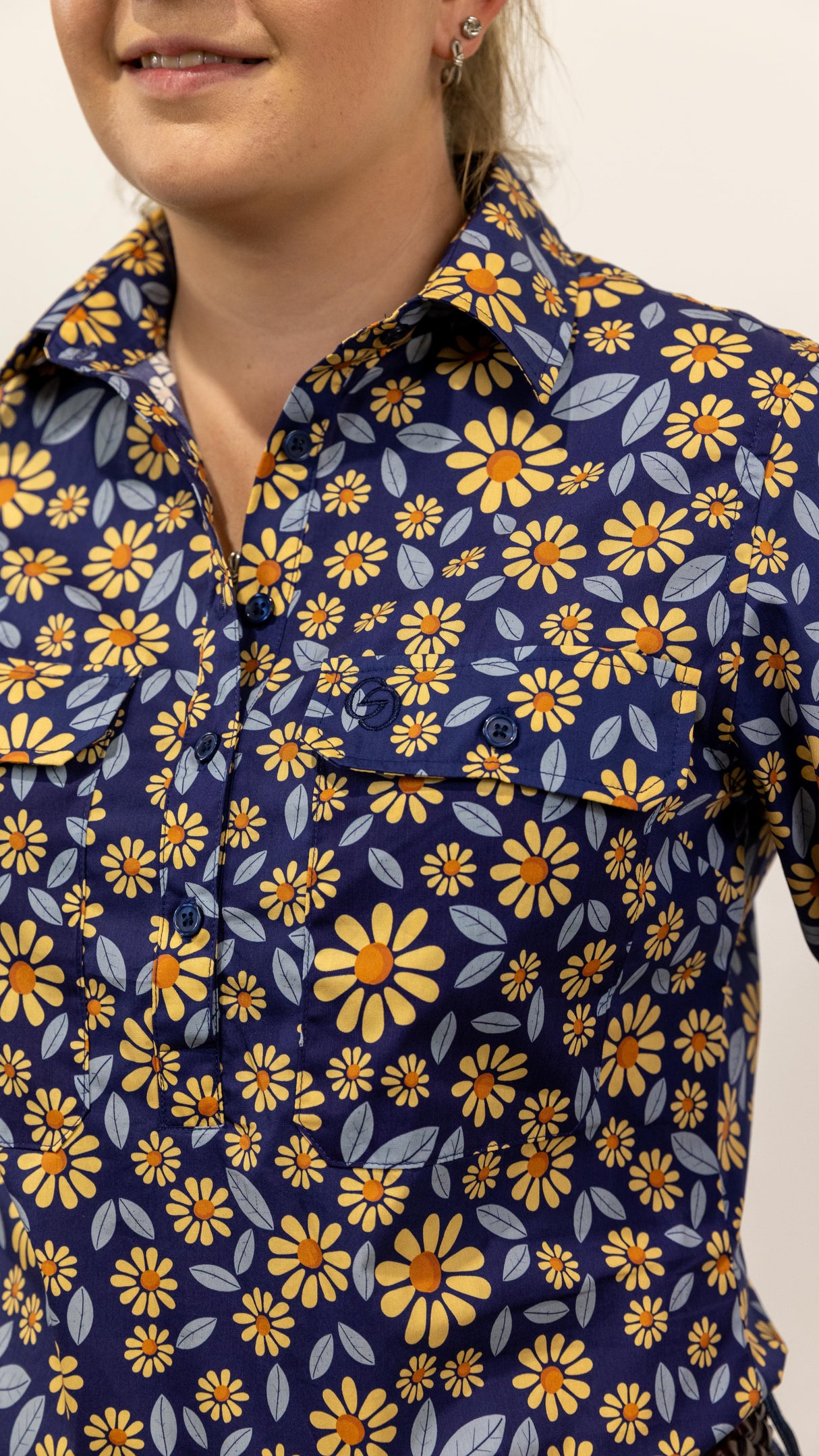 Jane - 1/2 Button Front Long Sleeve Cotton Collared Shirt