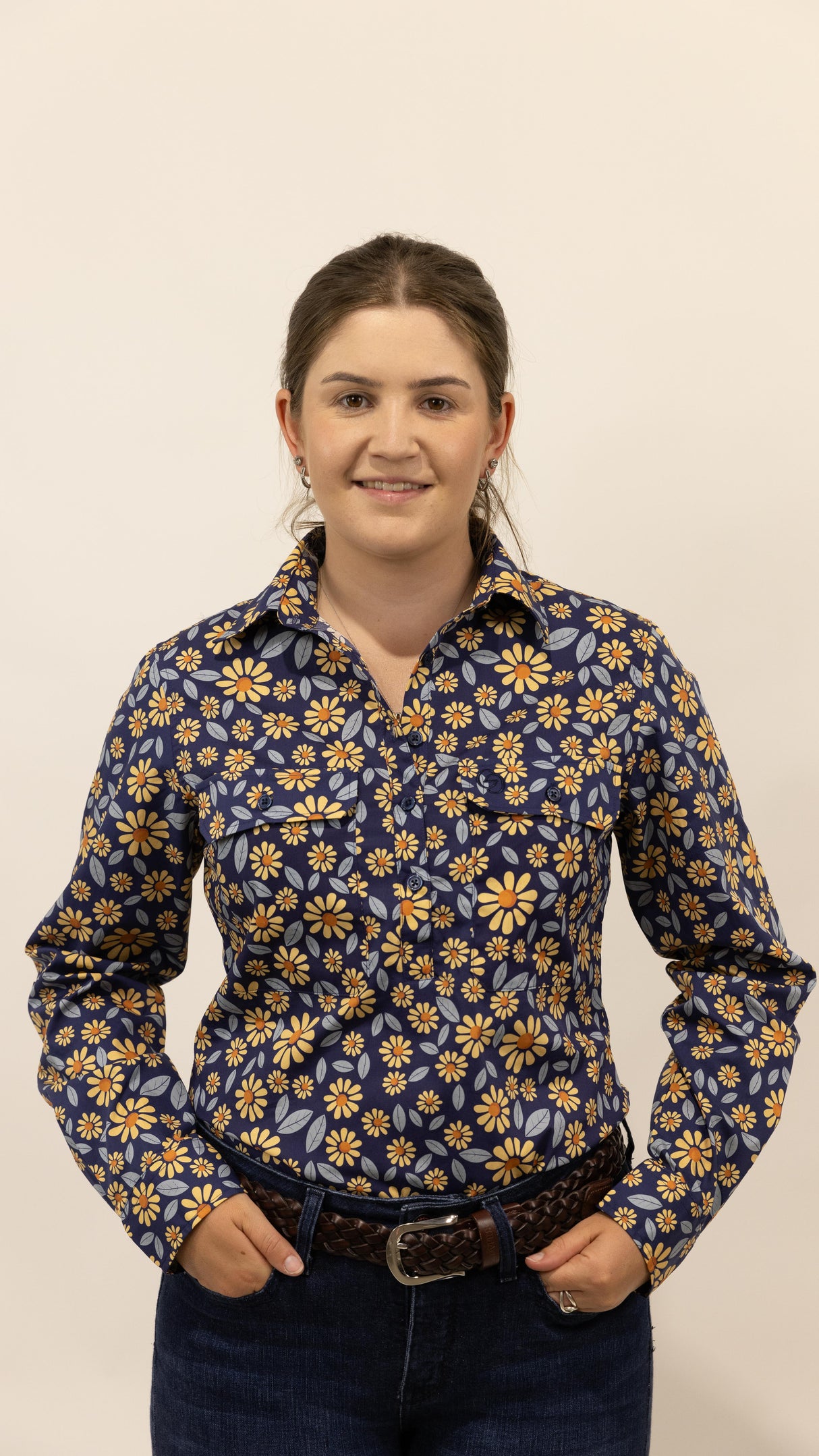 Jane - 1/2 Button Front Long Sleeve Cotton Collared Shirt