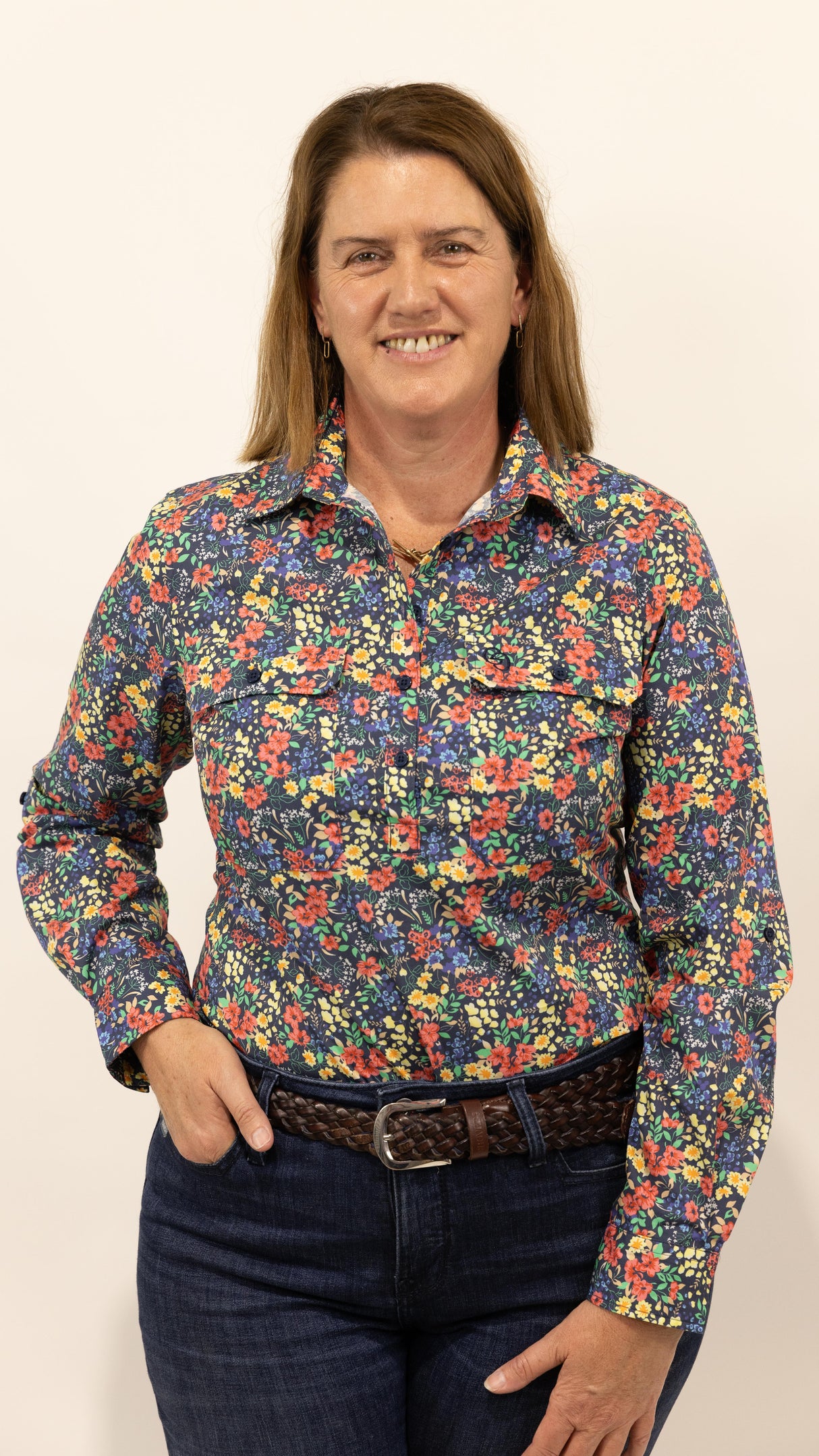 Judith - 1/2 Button Front Long Sleeve Cotton Collared Shirt