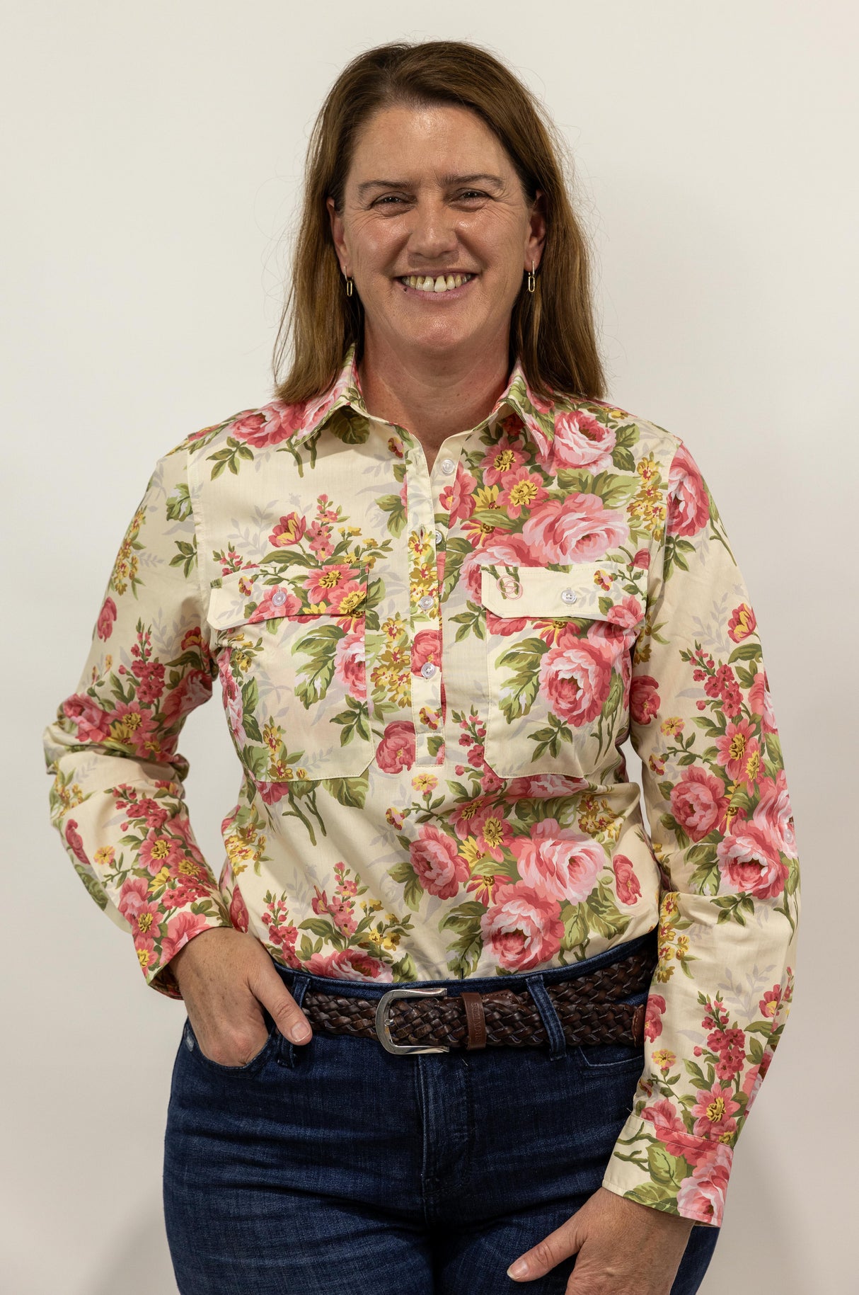 Peta - 1/2 Button Front Long Sleeve Cotton Collared Shirt