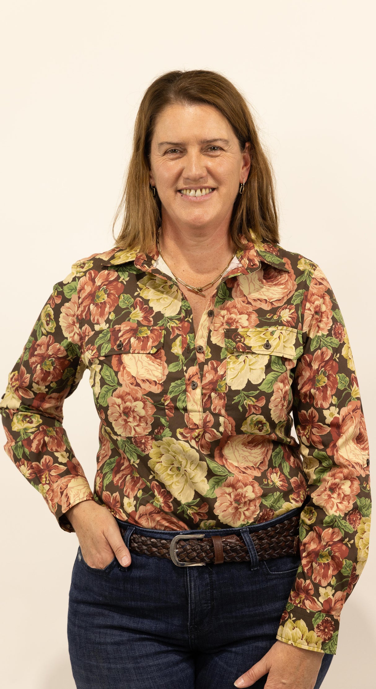 Sylvia - 1/2 Button Front Long Sleeve Cotton Collared Shirt