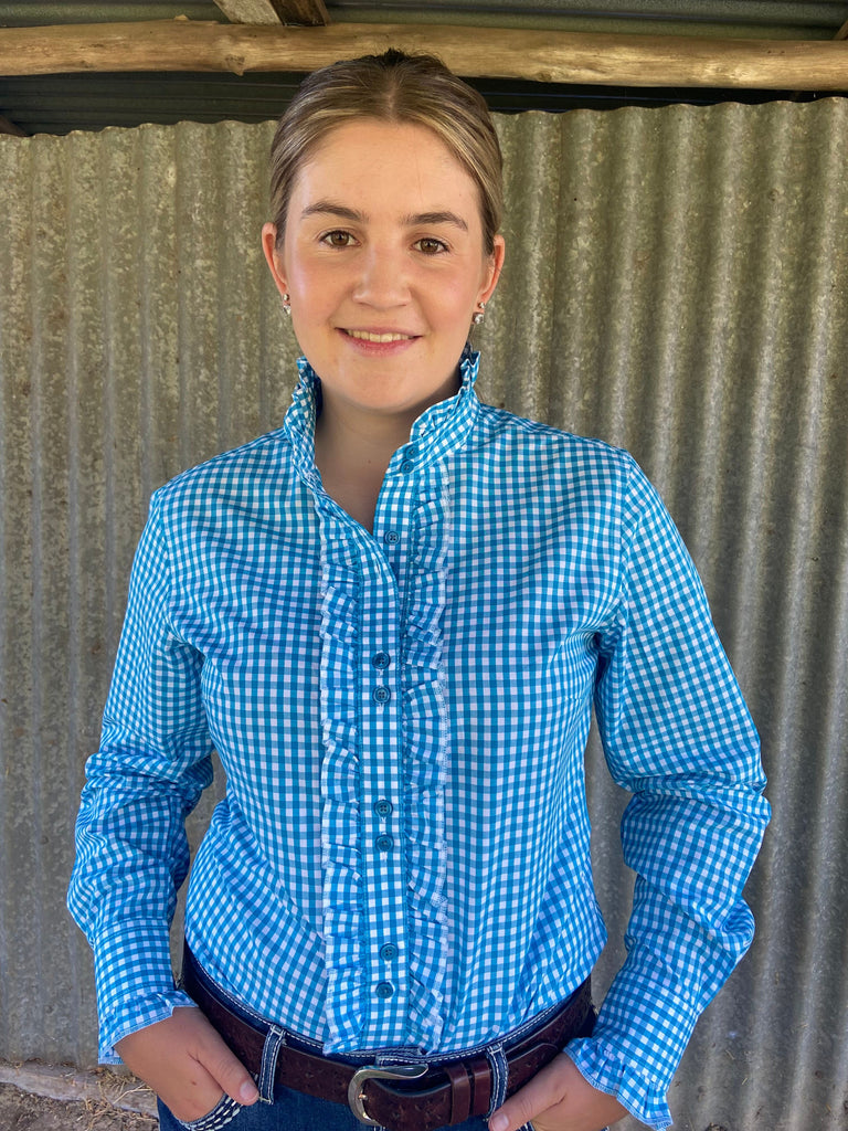 Miranda - Blue Gingham Long Sleeve Collared Shirt WITH Ruffles