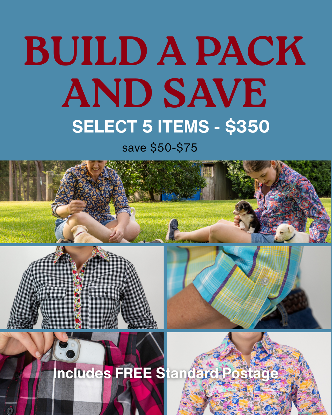 Promotional advertisement for a pack-building offer with people and products on a blue background.