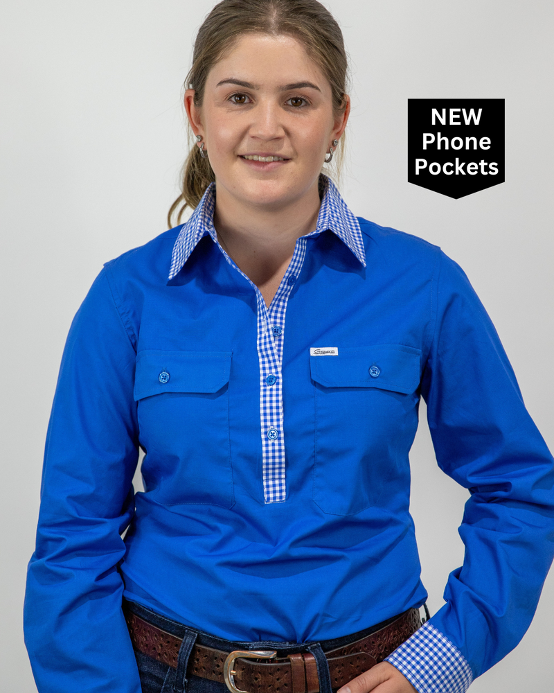 Beth - 1/2 Button Front Blue with Gingham trim Long Sleeve Cotton Collared Shirt