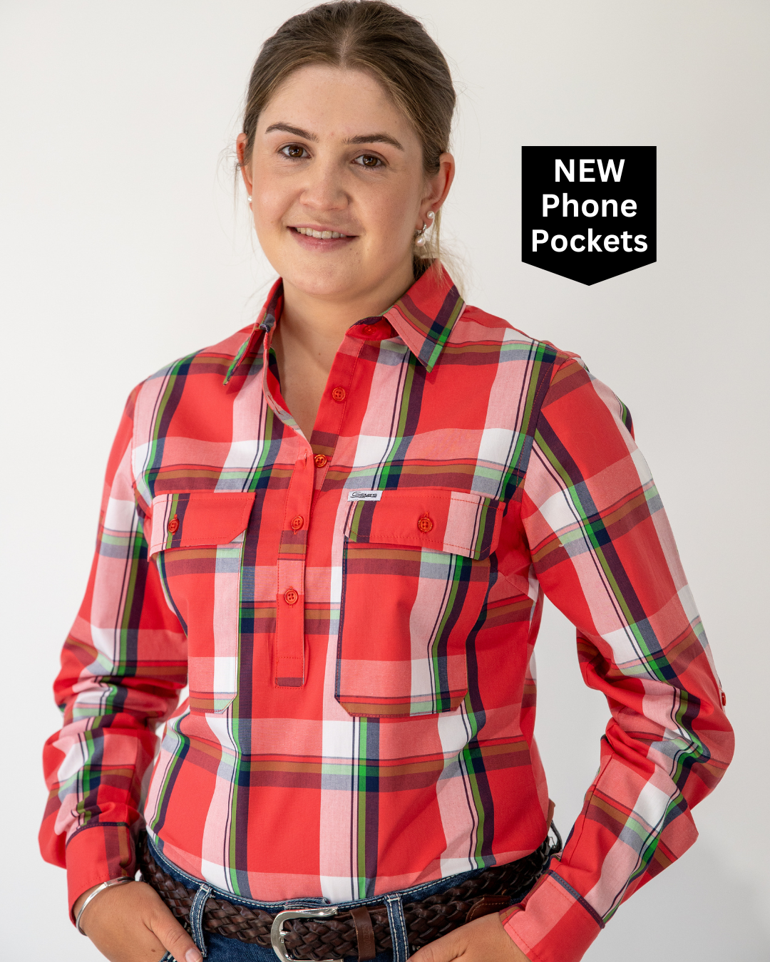 Cassie - 1/2 Button Front Plaid Long Sleeve Cotton Collared Shirt