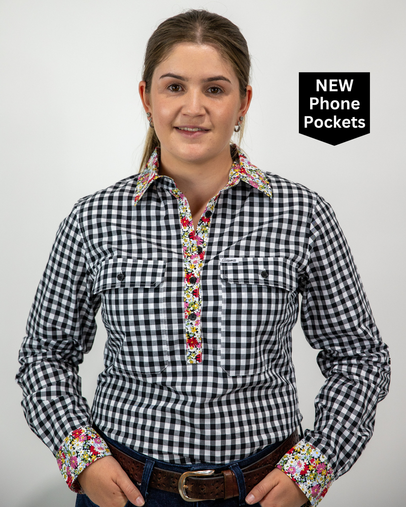 Elizabeth - 1/2 Button Front black gingham/paisley Long Sleeve Cotton Collared Shirt