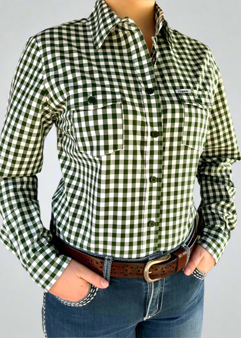 Meg - Green Gingham Long Sleeve Cotton Collared Shirt