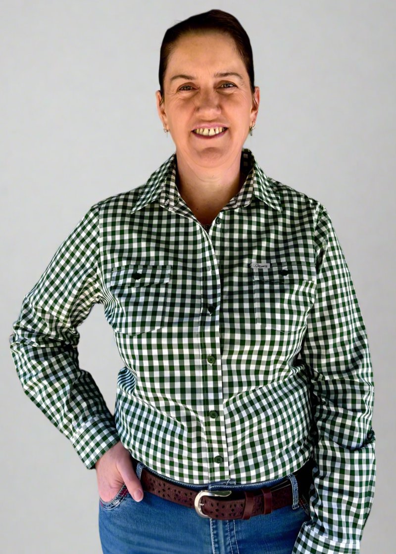 Meg - Green Gingham Long Sleeve Cotton Collared Shirt