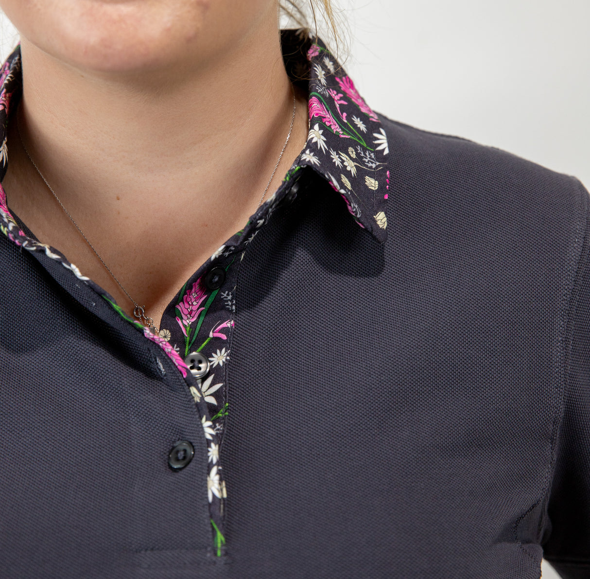 Caroline - Charcoal with floral trim Polo Shirt