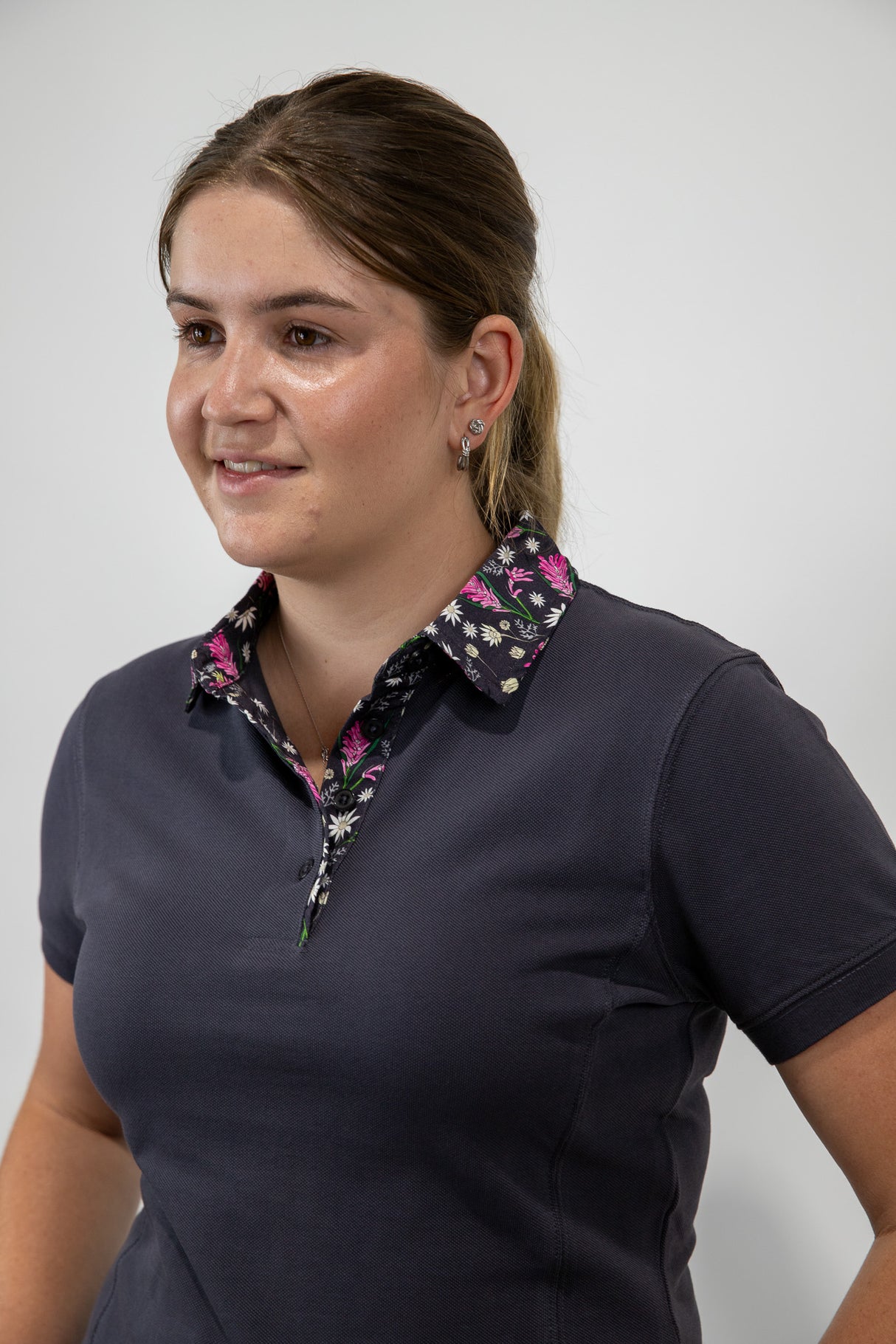 Caroline - Charcoal with floral trim Polo Shirt