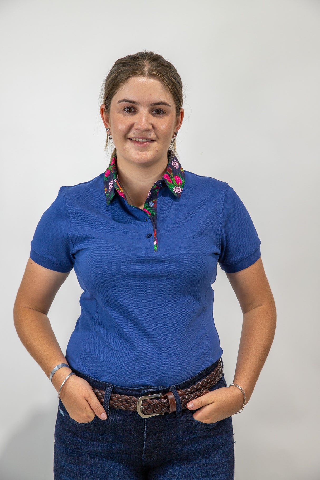 Bree - Blue with floral trim Polo Shirt