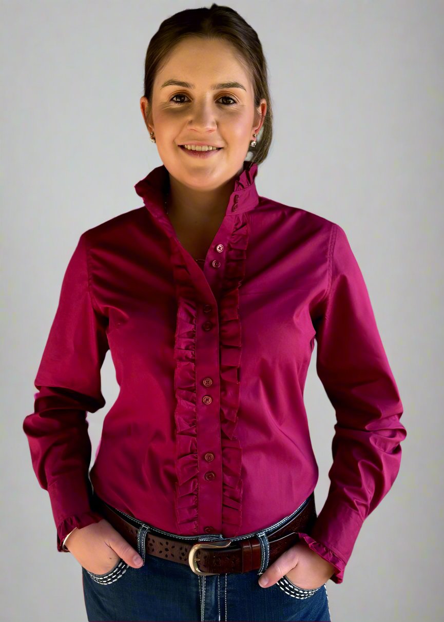 Burgundy - Long Sleeve Collared Shirt WITH Ruffles