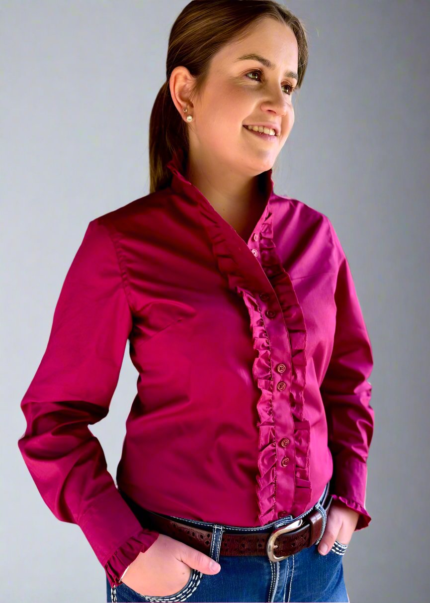 Burgundy - Long Sleeve Collared Shirt WITH Ruffles