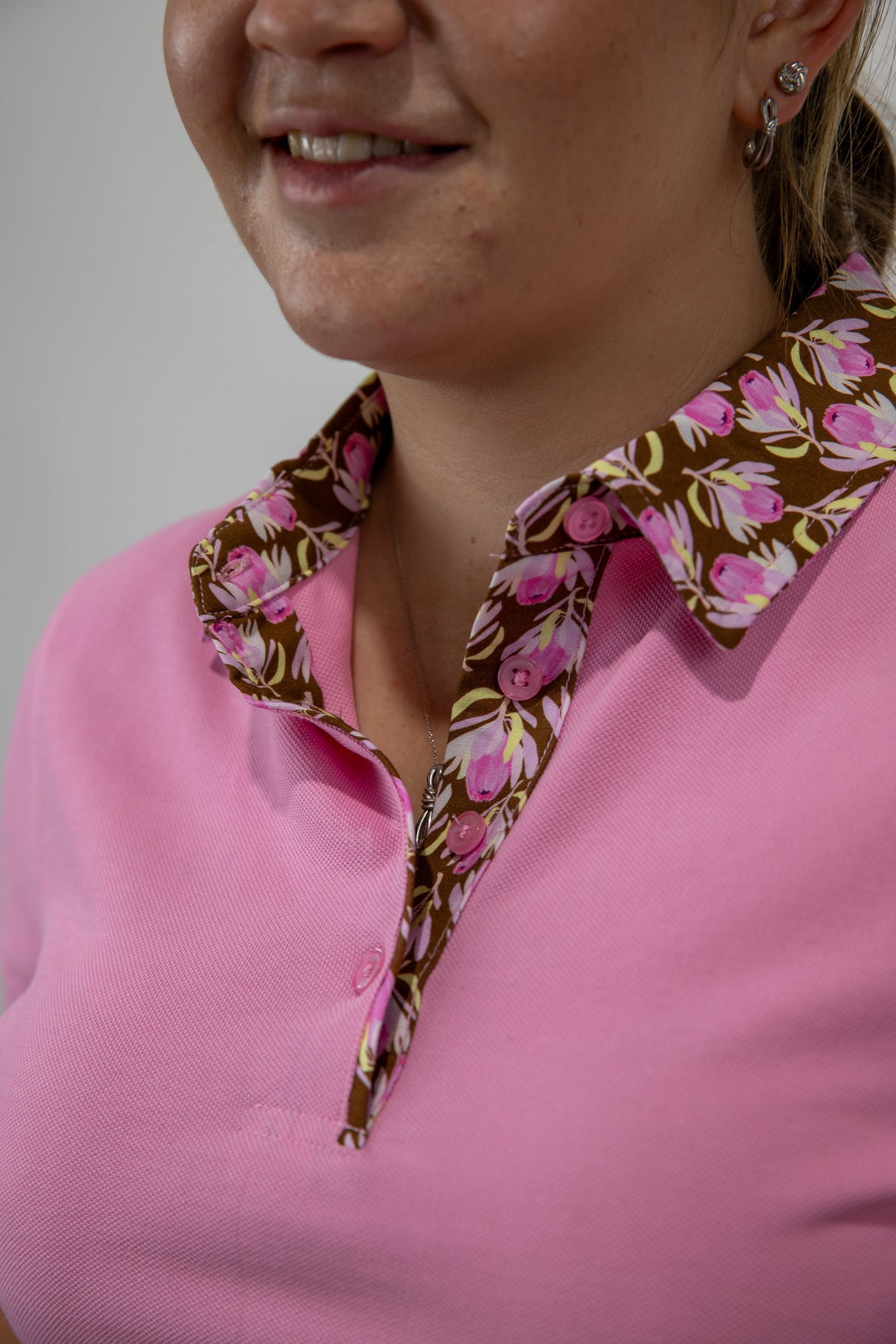 Paige - Pink with floral trim Polo Shirt