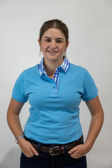 Lara - Light Blue with plaid trim Polo Shirt