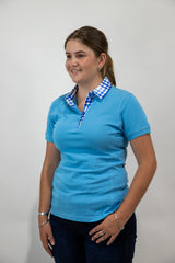 Lara - Light Blue with plaid trim Polo Shirt