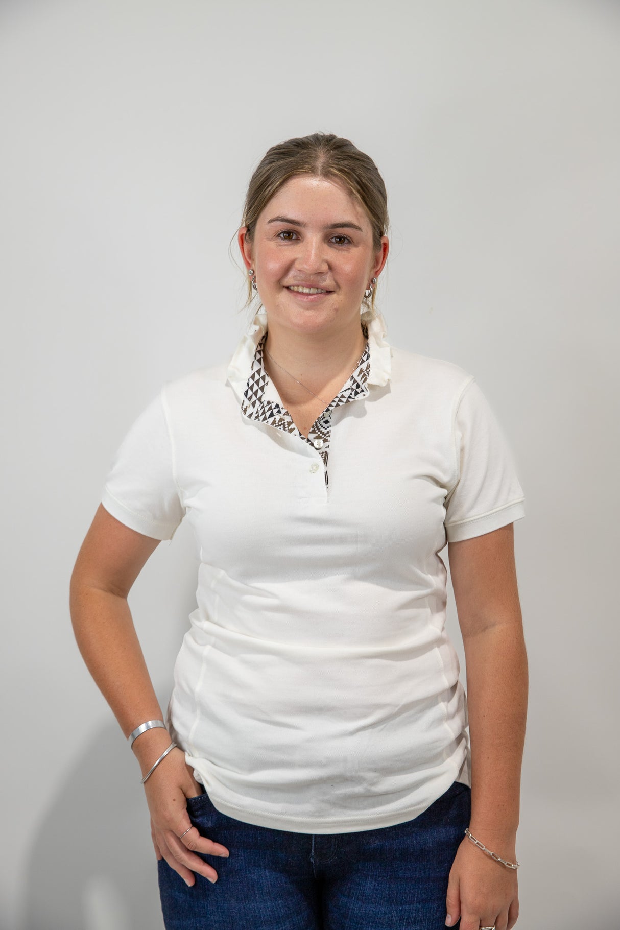 Pearl - White Ruffle Polo Shirt with aztec trim