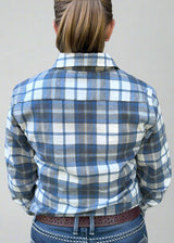 Blue Check Flannelette - 1/2 Button Front, Ladies Long Sleeve Shirt