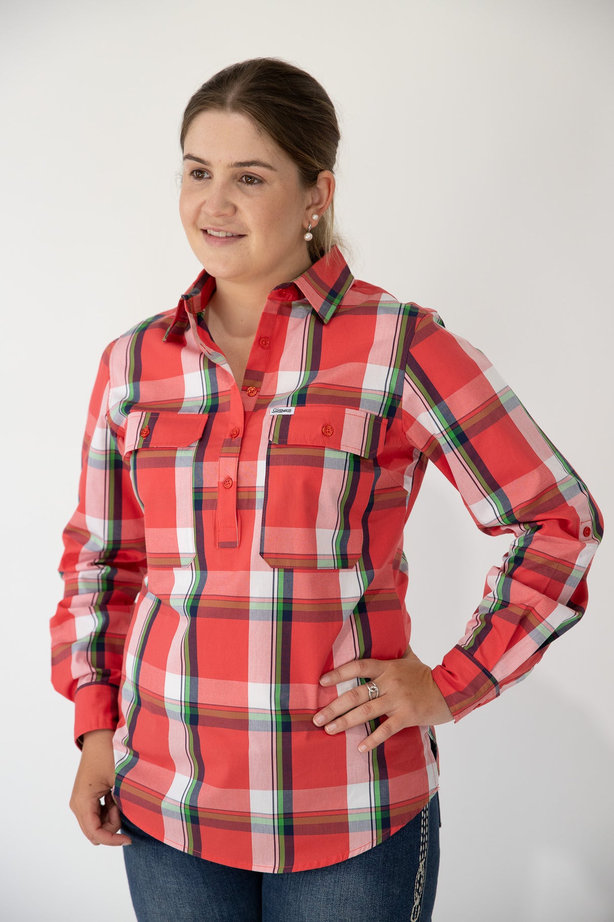 Cassie - 1/2 Button Front Plaid Long Sleeve Cotton Collared Shirt