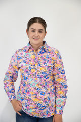 Leonie - 1/2 Button Front Long Sleeve Cotton Collared Shirt