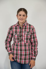 Prue - 1/2 Button Front Plaid Long Sleeve Cotton Collared Shirt