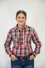 Prue - 1/2 Button Front Plaid Long Sleeve Cotton Collared Shirt