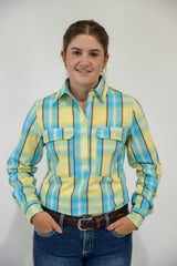 Kylie - 1/2 Button Front Plaid Long Sleeve Cotton Collared Shirt