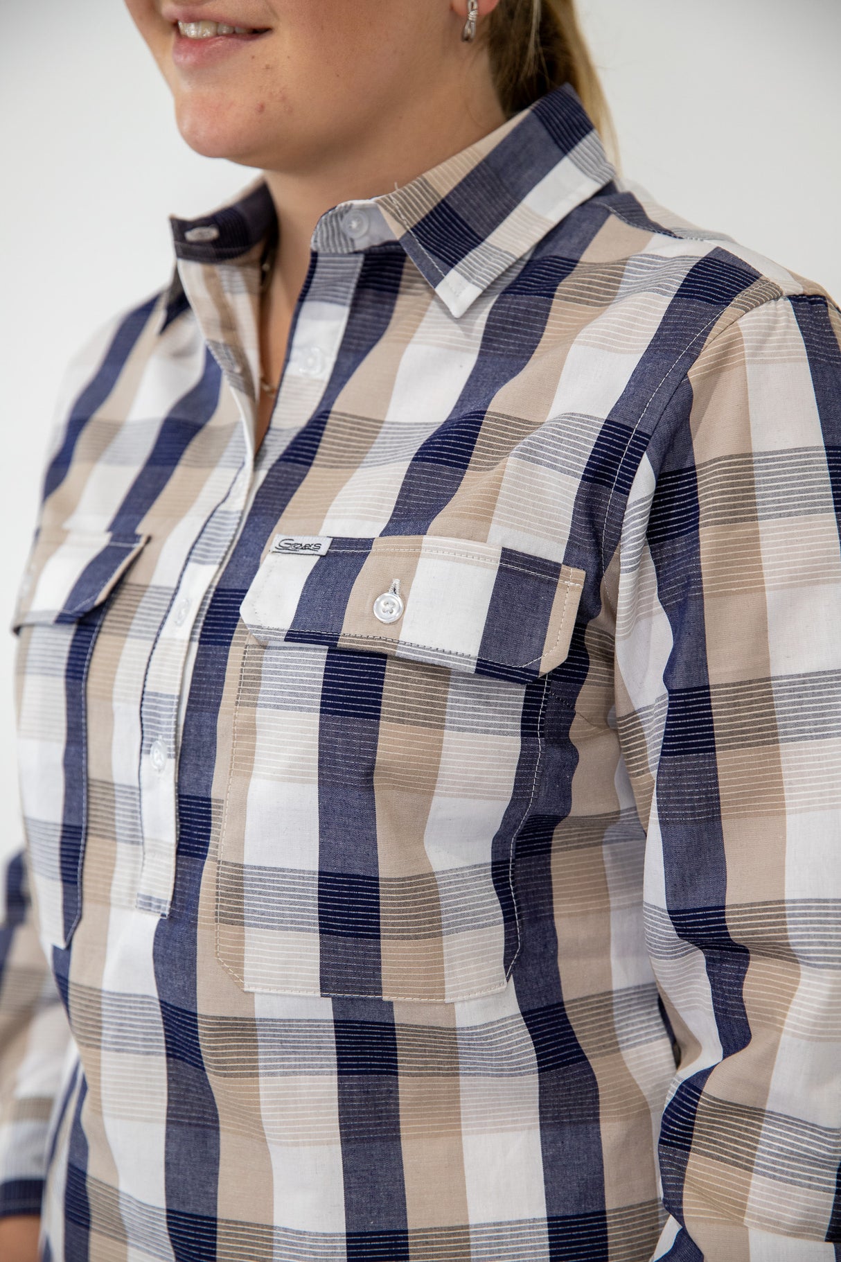 Sandy - 1/2 Button Front Plaid Long Sleeve Cotton Collared Shirt