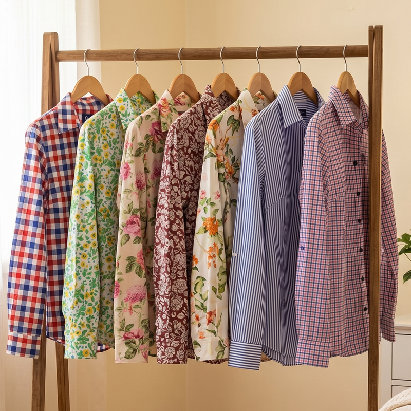 Wooden clothing rack with ladies cotton shirts in a bedroom setting