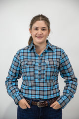 Blue Flannelette - 1/2 Button Front Ladies Long Sleeve Shirt
