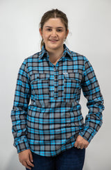 Blue Flannelette - 1/2 Button Front Ladies Long Sleeve Shirt