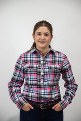 Pink & Blue Flannelette - 1/2 Button Front Ladies Long Sleeve Shirt