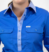 Beth - 1/2 Button Front Blue with Gingham trim Long Sleeve Cotton Collared Shirt