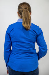 Beth - 1/2 Button Front Blue with Gingham trim Long Sleeve Cotton Collared Shirt