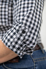 Elizabeth - 1/2 Button Front black gingham/paisley Long Sleeve Cotton Collared Shirt