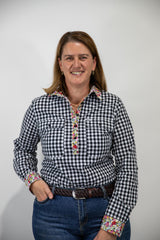 Elizabeth - 1/2 Button Front black gingham/paisley Long Sleeve Cotton Collared Shirt
