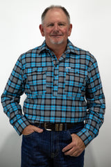 Blue Flannelette - 1/2 Button Front MENS Long Sleeve Shirt