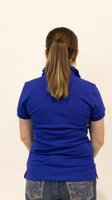 Naomi - Navy Ruffle Polo Shirt with striped trim