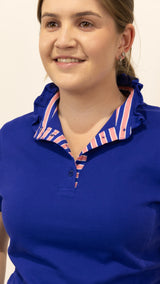 Naomi - Navy Ruffle Polo Shirt with striped trim