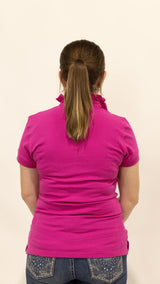 Pia - Pink Ruffle Polo Shirt with floral trim