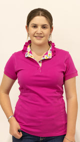 Pia - Pink Ruffle Polo Shirt with floral trim